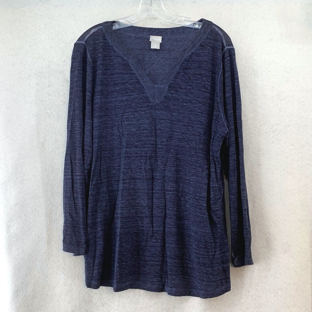 Chico's Navy Blue Slub Knit 100% Linen V-Neck Top Sz Lp Coastal Natural Casual